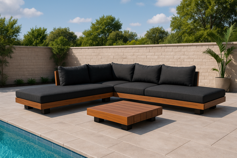 Grand salon de jardin d’angle en TECK MASSIF avec pieds en ALUMINIUM et table basse carrée assortie