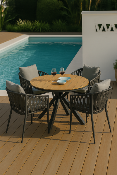 Achetez cet ensemble de jardin élégant alliant teck massif et corde tressée pour sublimer vos repas en terrasse, face à la mer.