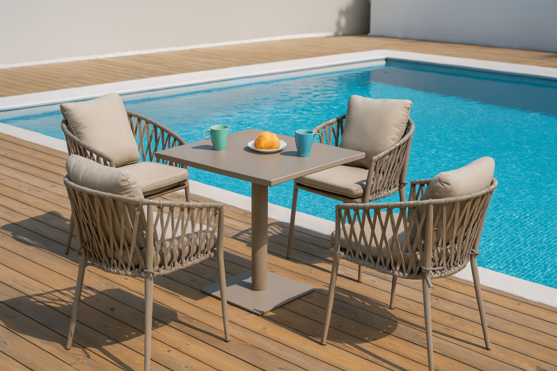 Achetez cet ensemble 4 places élégant en aluminium et corde tressée, parfait pour vos repas en terrasse ou autour de la piscine.