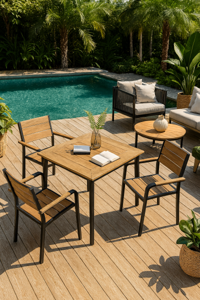 Achetez dès maintenant cet ensemble carré 4 places, au design bois naturel et structure aluminium, idéal pour tous vos repas d’extérieur.