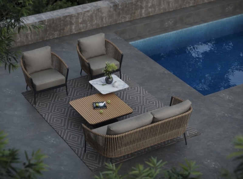 Achetez un salon de jardin raffiné en rotin tressé à la main, avec coussins épais et double table basse en teck et marbre, idéal pour sublimer une terrasse en Provence ou sur la Côte d’Azur.