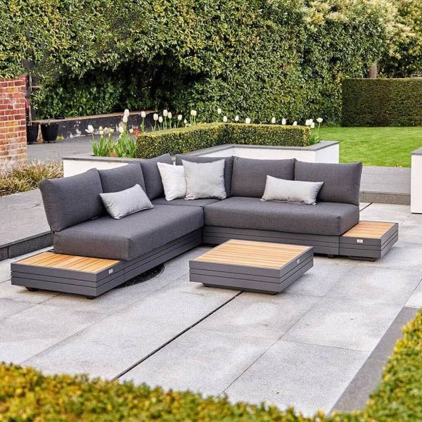 Acheter un salon de jardin d'angle en aluminium et bois avec table basse assortie