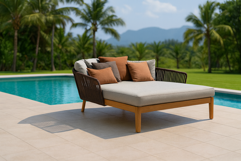 Offrez-vous ce lit de détente en teck et corde tressée avec matelas épais et coussins moelleux, pour sublimer votre terrasse méditerranéenne.