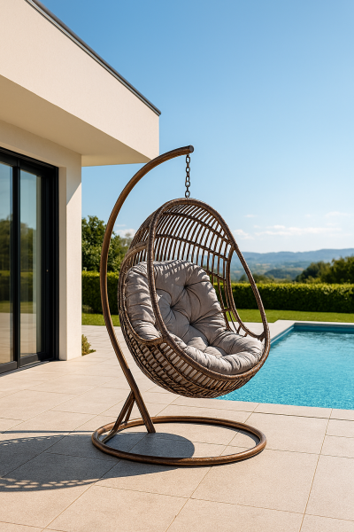 Adoptez le luxe suspendu. Ce cocon en rotin tressé est prêt à transformer votre terrasse en havre de paix