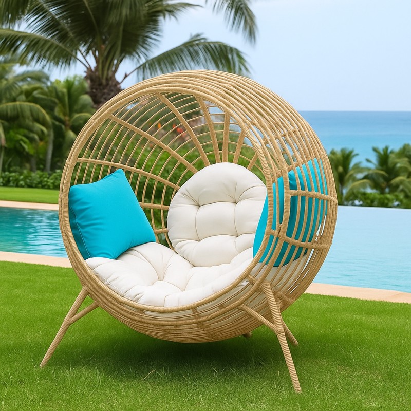 Fauteuil cocon sur pieds en ALUMINIUM et finitions en CORDE TRESSÉE avec coussins douillets pour un confort enveloppant