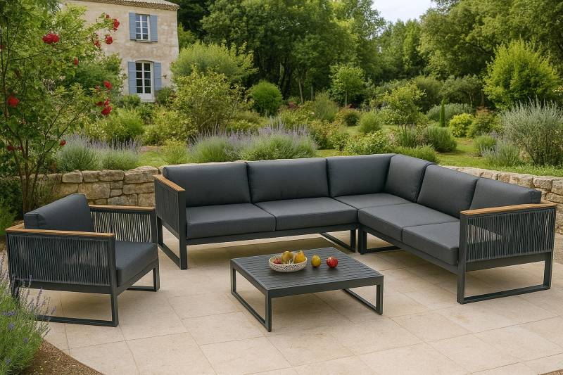 Offrez-vous le charme du Sud avec ce salon de jardin raffiné en aluminium et corde tressée, à acheter dès maintenant.