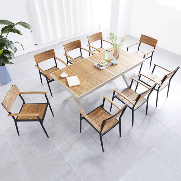 Ensemble table extensible en ALUMINIUM ASPECT BOIS 180-240 cm avec 8 chaises assorties pour repas conviviaux en extérieur.