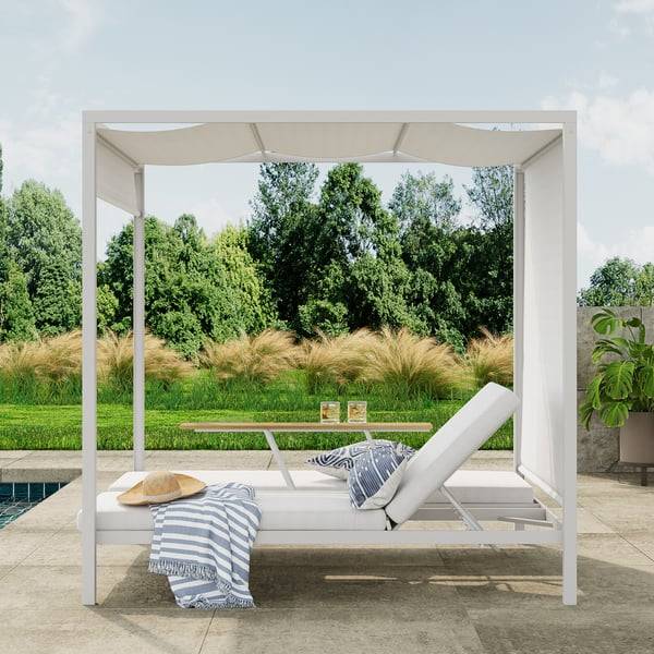 Lit pergola double en ALUMINIUM avec transats relevables, tablette centrale en NOYER, rideaux en TEXTILÈNE et matelas confort