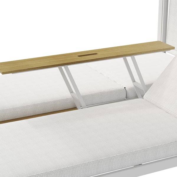 Lit pergola double en ALUMINIUM avec transats relevables, tablette centrale en NOYER, rideaux en TEXTILÈNE et matelas confort