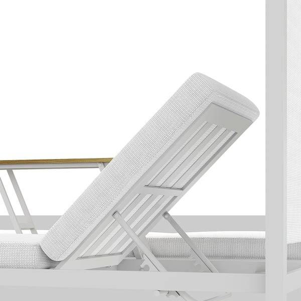 Lit pergola double en ALUMINIUM avec transats relevables, tablette centrale en NOYER, rideaux en TEXTILÈNE et matelas confort