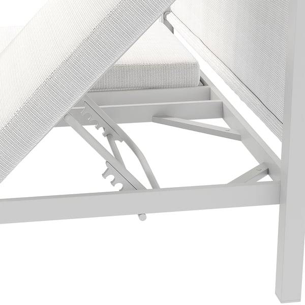 Lit pergola double en ALUMINIUM avec transats relevables, tablette centrale en NOYER, rideaux en TEXTILÈNE et matelas confort