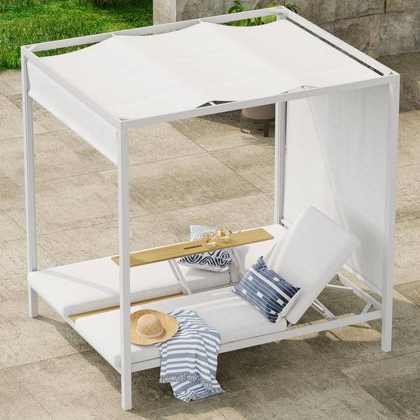 Lit pergola double en ALUMINIUM avec transats relevables, tablette centrale en NOYER, rideaux en TEXTILÈNE et matelas confort