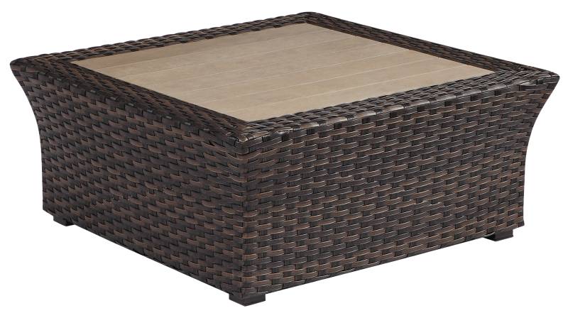Salon de jardin d'angle modulaire 7 éléments en ALUMINIUM et ROTIN TRESSÉ haut de gamme avec tables basses en POLYWOOD ASPECT BOIS