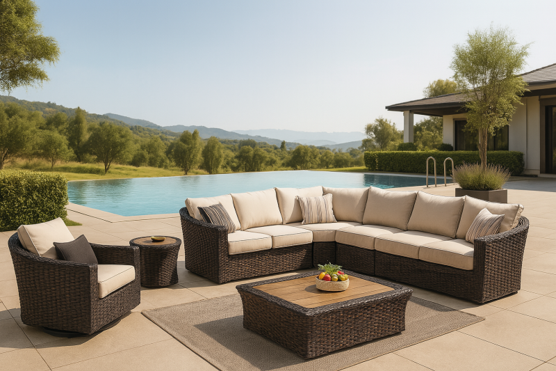 Achetez ce salon d'angle modulaire 7 éléments en rotin tressé premium et transformez votre terrasse en véritable espace de vie méditerranéen.